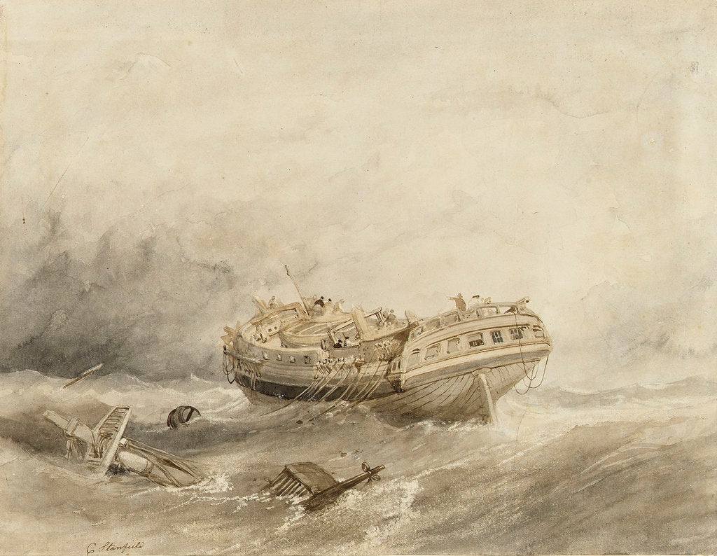 Detail of Dismasted merchantman drifting in a calm after a storm by Clarkson Stanfield