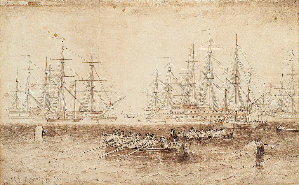 Detail of Row boats pulling towards the Baltic fleet by John Wilson Carmichael