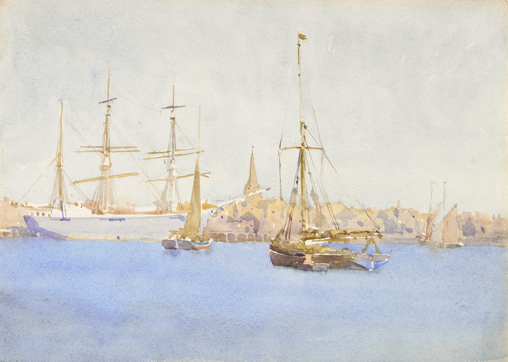 Detail of A three-masted barque at a quayside with fishing smacks by Nelson Dawson