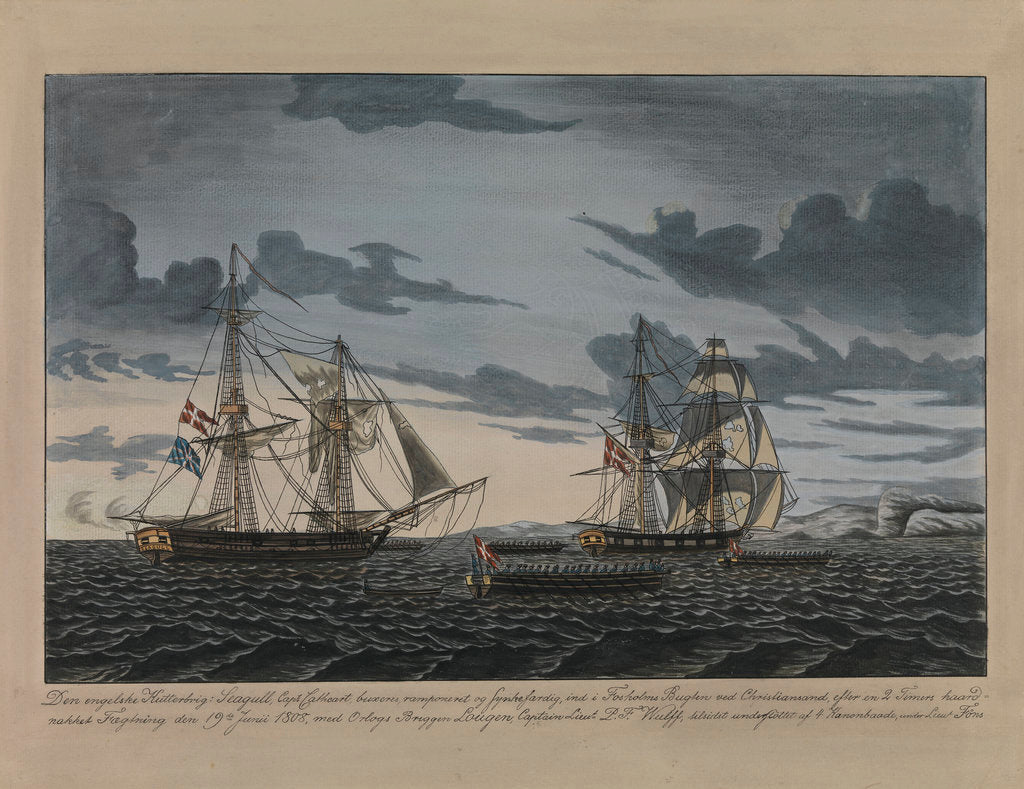 Detail of Den engelske Kutterbrig: 'Seagull', Captain Cathcart... den 19 July 1808, med Orlogs Briggen Lougen.... by N Truslev
