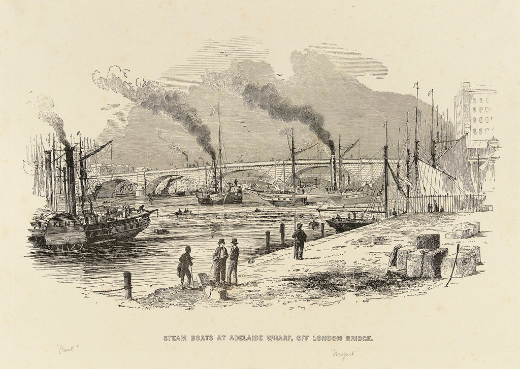 Detail of Steam boats at Adelaide Wharf, off London Bridge, including 'Kent' and 'Magnet' by unknown