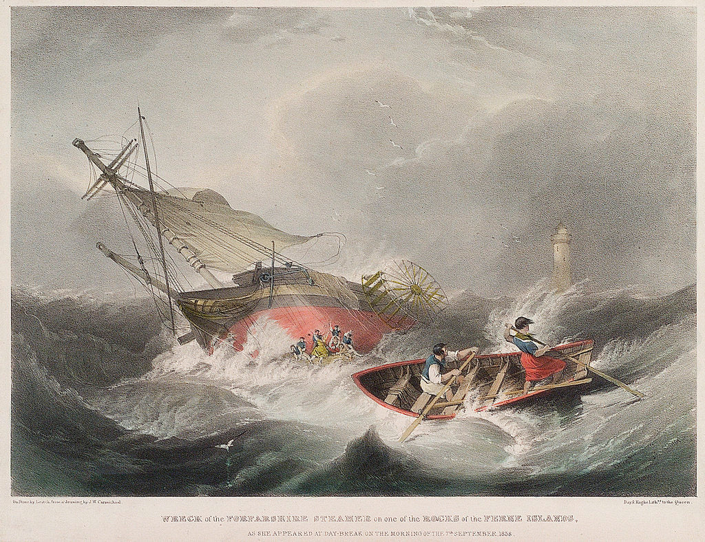 Detail of Wreck of the Forfarshire steamer on one of the rocks of the Ferne Islands as she appeared at day-break on the morning of the 7 September 1838 by John Wilson Carmichael