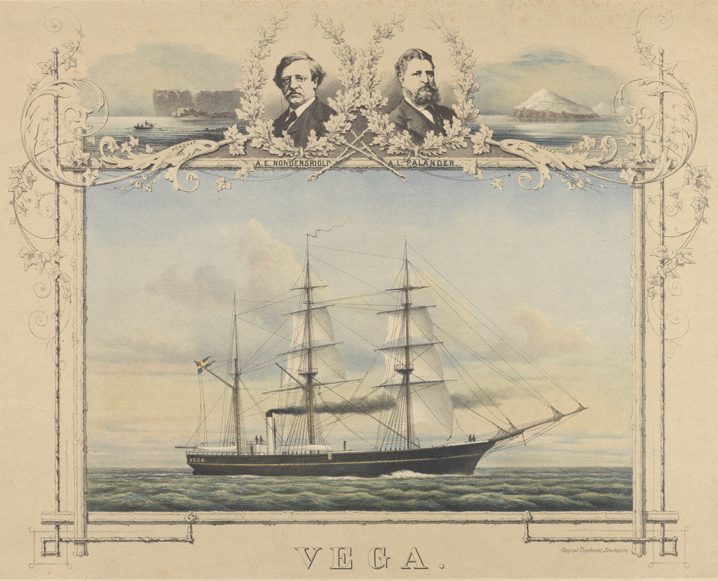 Detail of The steam vessel 'Vega' with portraits of A. E. Nordenskiold and A. L. Palander by unknown