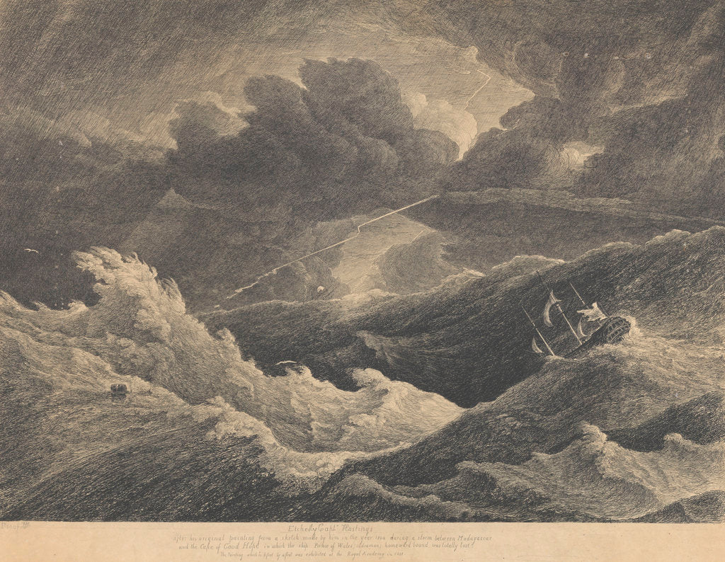 Detail of From a sketch made in 1804 during a storm between Madagascar and the Cape of Good Hope in which the Indiaman ship 'Prince of Wales' was totally lost by L. Hastings