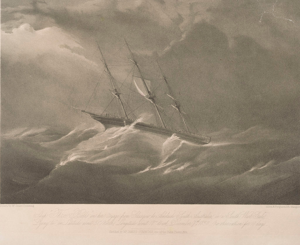 Detail of The 'Three Bells' on her voyage from Glasgow to Adelaide, South Australia, in a south west gale by James Cumming