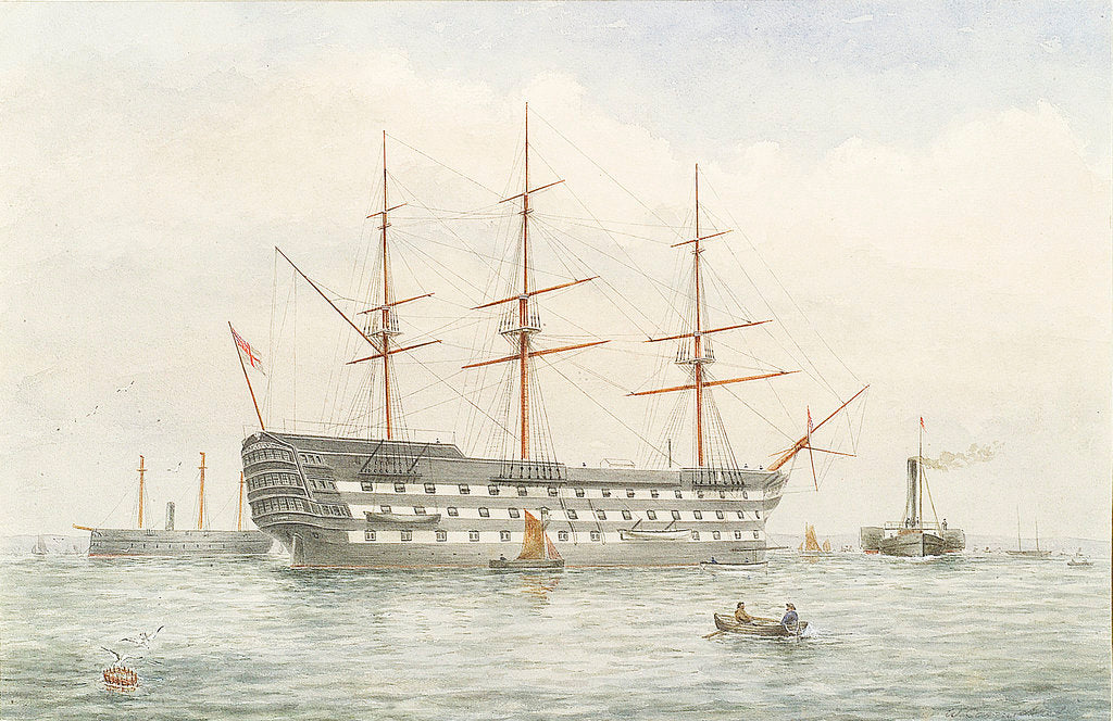 Detail of HMS 'Victory' in calm water near a coast by John Wilson Carmichael