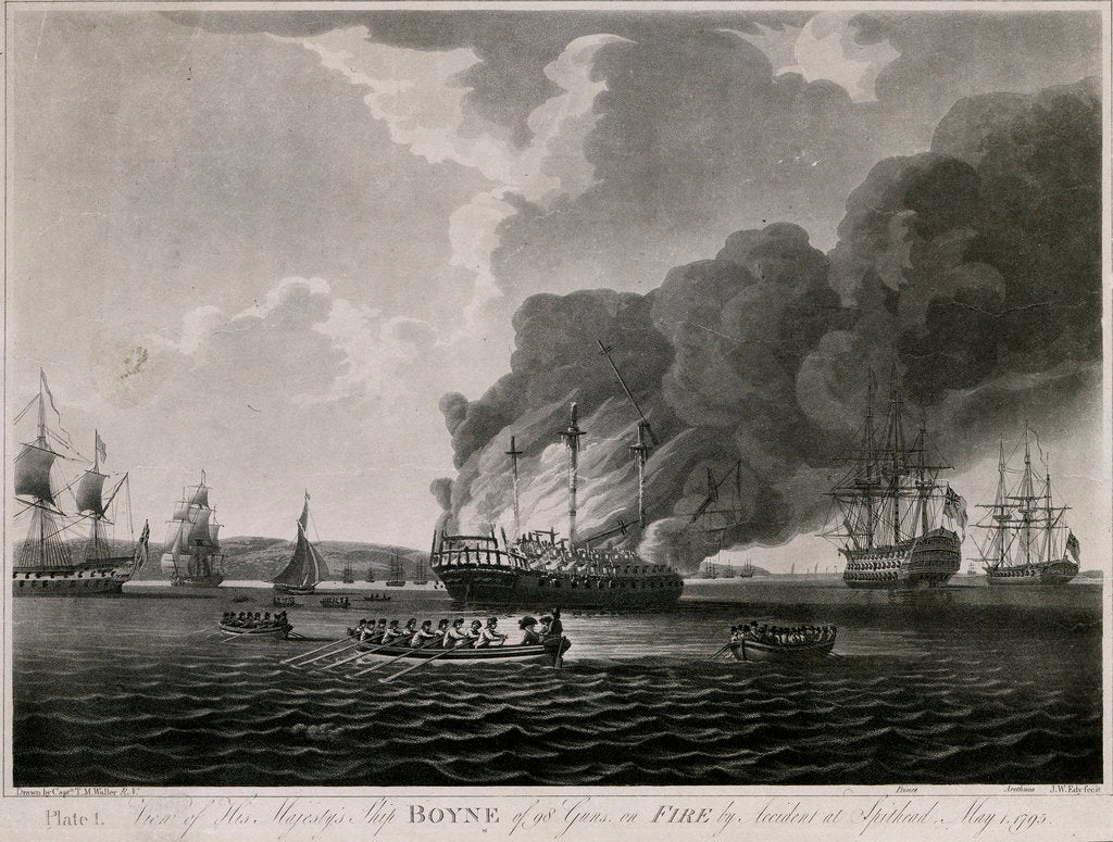 Detail of View of HMS 'Boyne' 98 guns, on fire by accident at Spithead, May 1795 by T.M. Waller