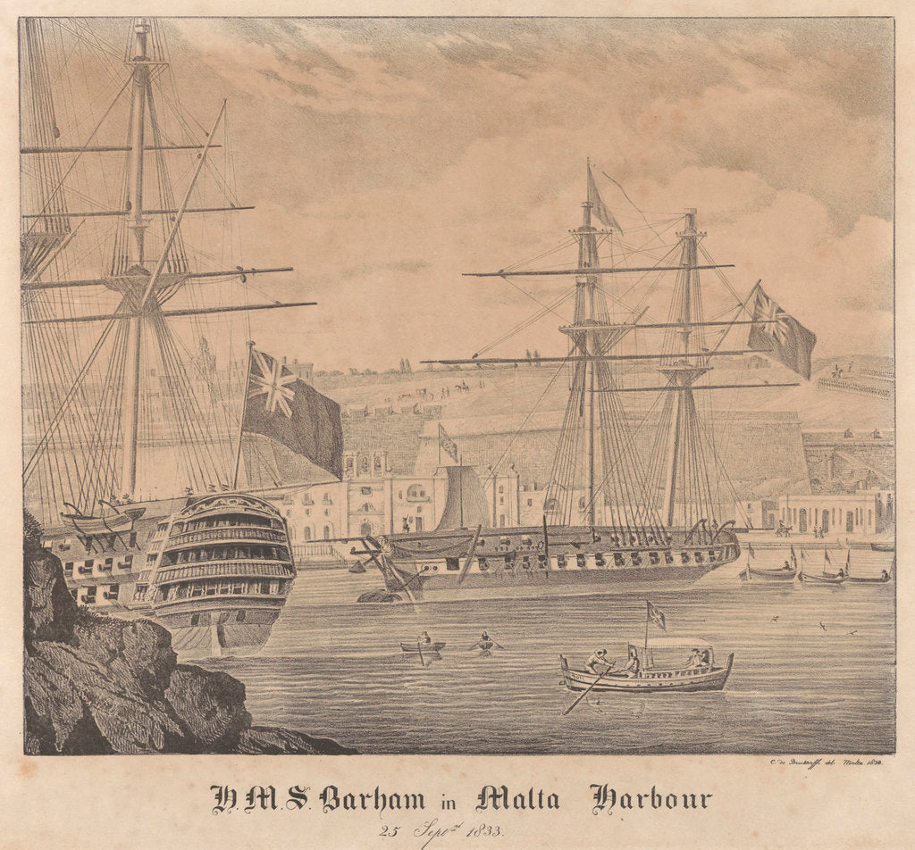 Detail of HMS 'Barham' in Malta Harbour 25 September 1833 by James Kennett Willson
