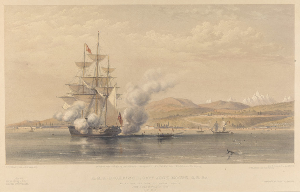 Detail of H.M.S. 'Highflyer' Captn John Moore C.B. &c. at anchor off Soukoum Kaleh-Abasia, Omar Pasha leaving the Ship, October 1855 by Oswald Walters Brierly (artist); Thomas Picken (engraver); Day & Son (printers); Paul & Dominic P & D Colnaghi & Co (publishers); Goupil & Co (publishers)
