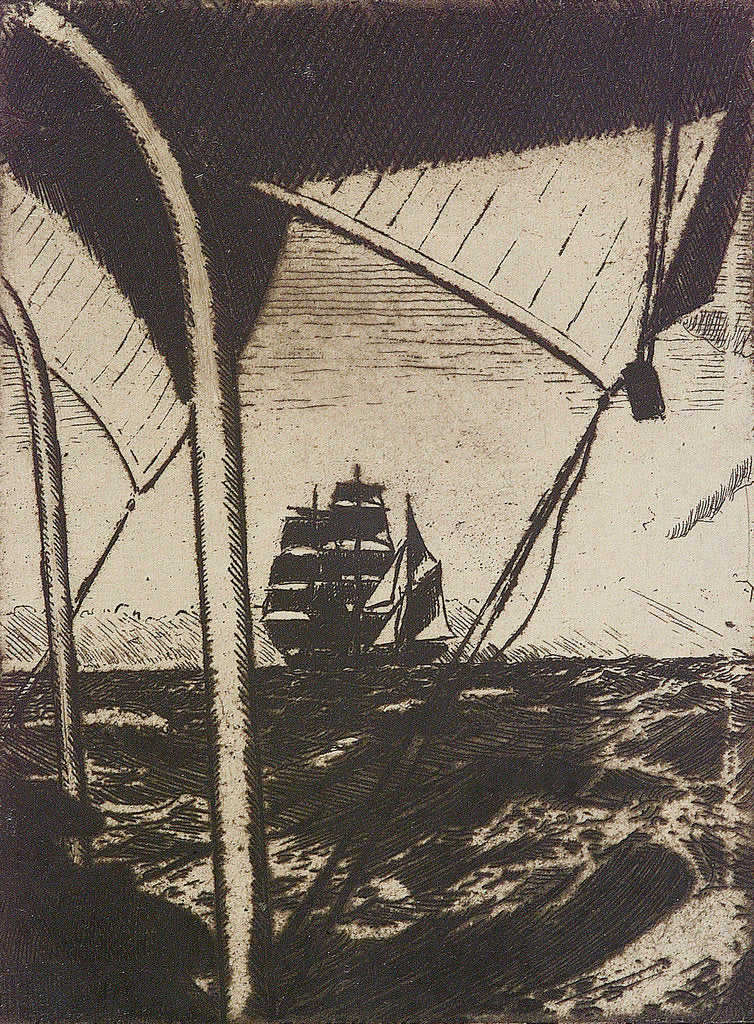 Detail of Distant sailing vessel seen through rigging by John Everett