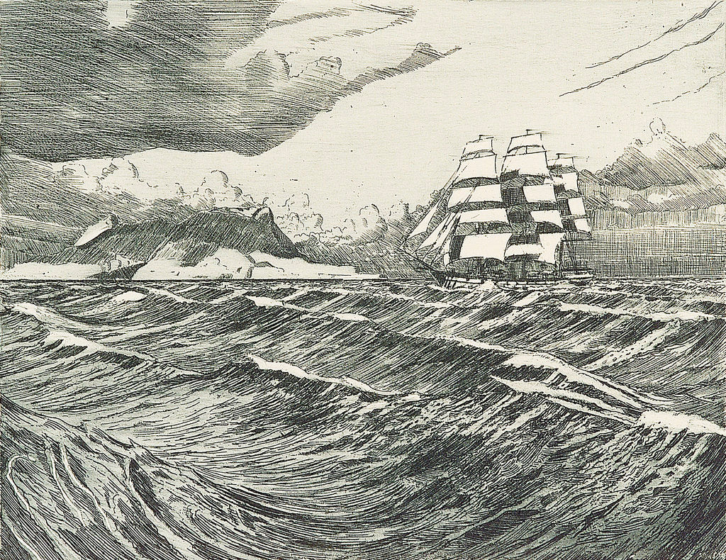 Detail of Square-rigger with all sails set passsing land by John Everett