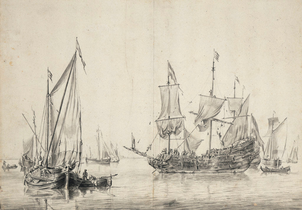 Detail of A kaag with a Dutch frigate drying sails by Willem van de Velde the Elder