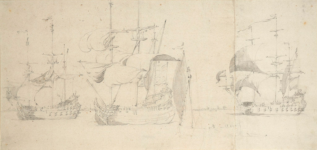 Detail of A flute, a Dutch merchantman and a frigate taking in sail in a light breeze by Willem van de Velde the Elder