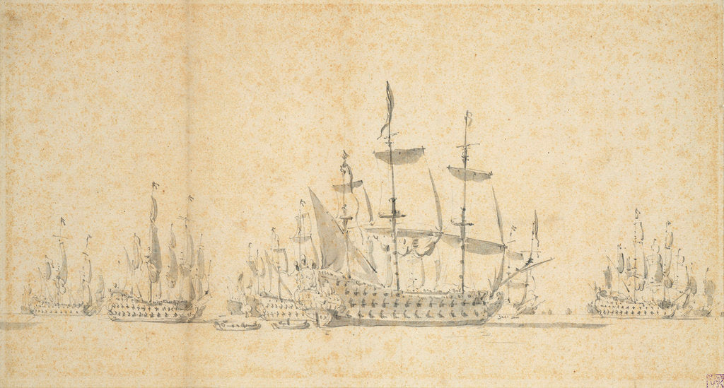 Detail of Large Dutch ships before a light breeze, ?August 1665 by Willem van de Velde the Elder