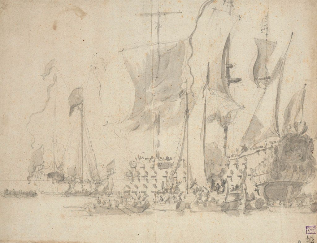 Detail of A boeier alongside a large Dutch ship by Willem van de Velde the Elder
