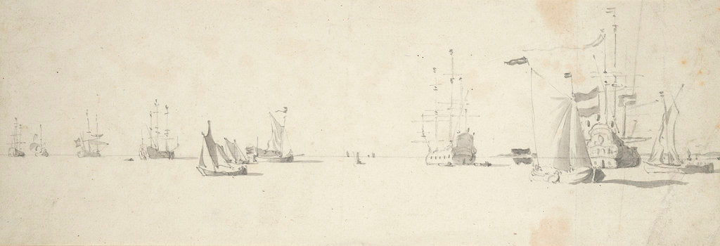 Detail of A kaag close-hauled in a light breeze and men-of-war at anchor by Willem van de Velde the Elder