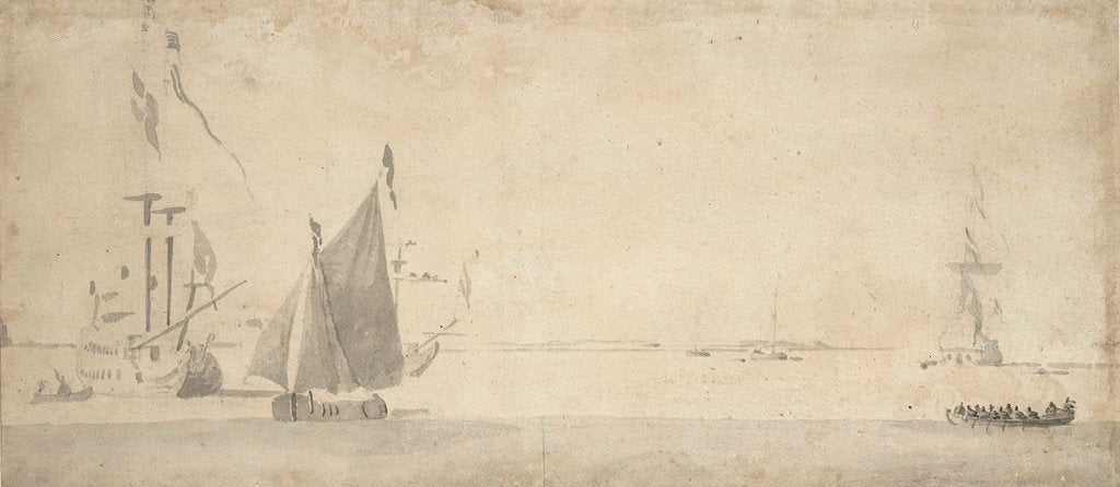 Detail of Smalschip under sail and Dutch ships at anchor by Willem van de Velde the Elder