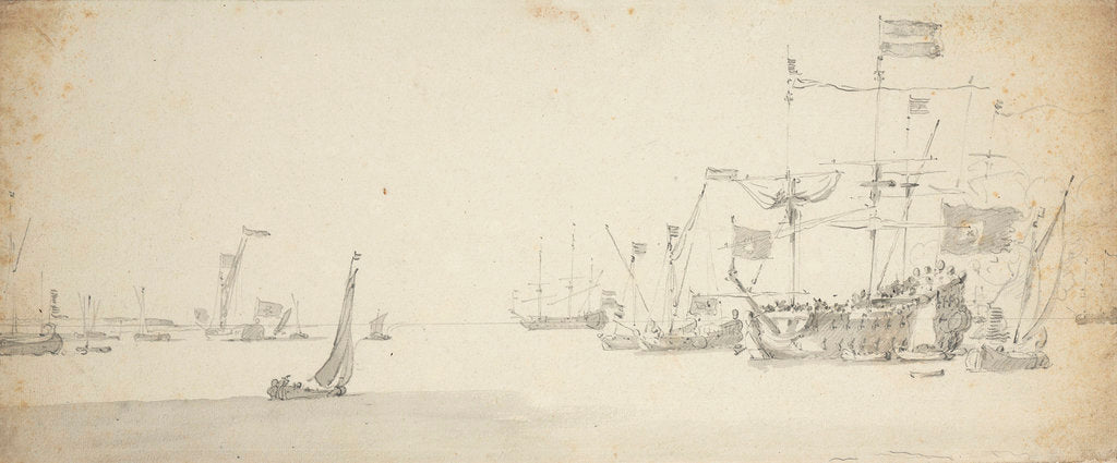 Detail of A Dutch flagship at anchor with states yachts and other craft by Willem van de Velde the Elder