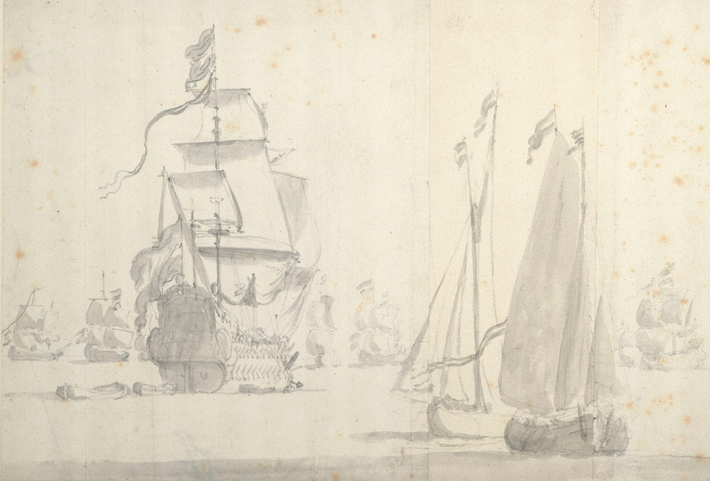 Detail of Dutch flagship with a smalschip and galjoot in a light breeze by Willem van de Velde the Elder