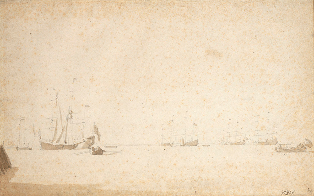 Detail of Dutch ships at anchor in an estuary by Willem Van de Velde the Younger