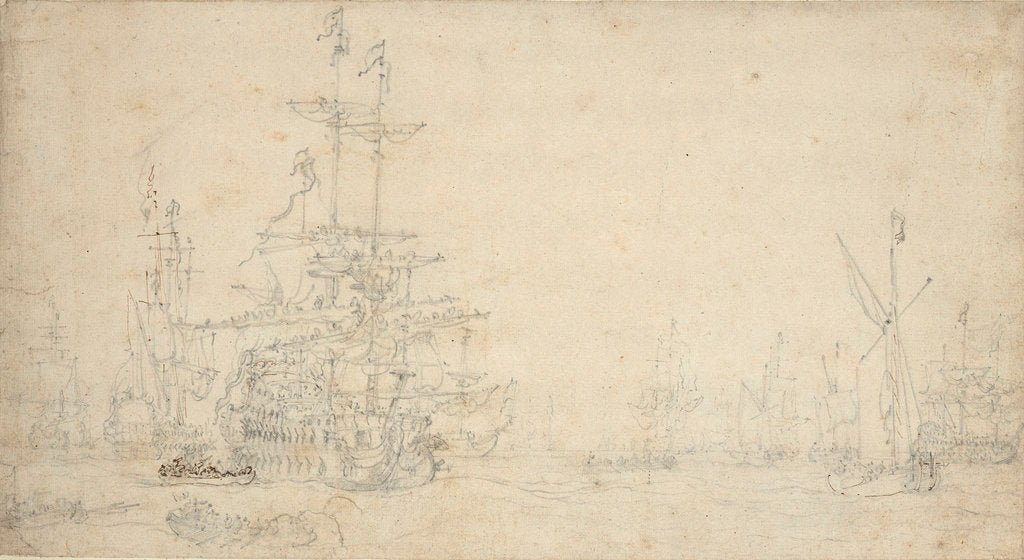 Detail of The Dutch fleet becalmed in a swell: furling sails, May 1672? by Willem van de Velde the Elder
