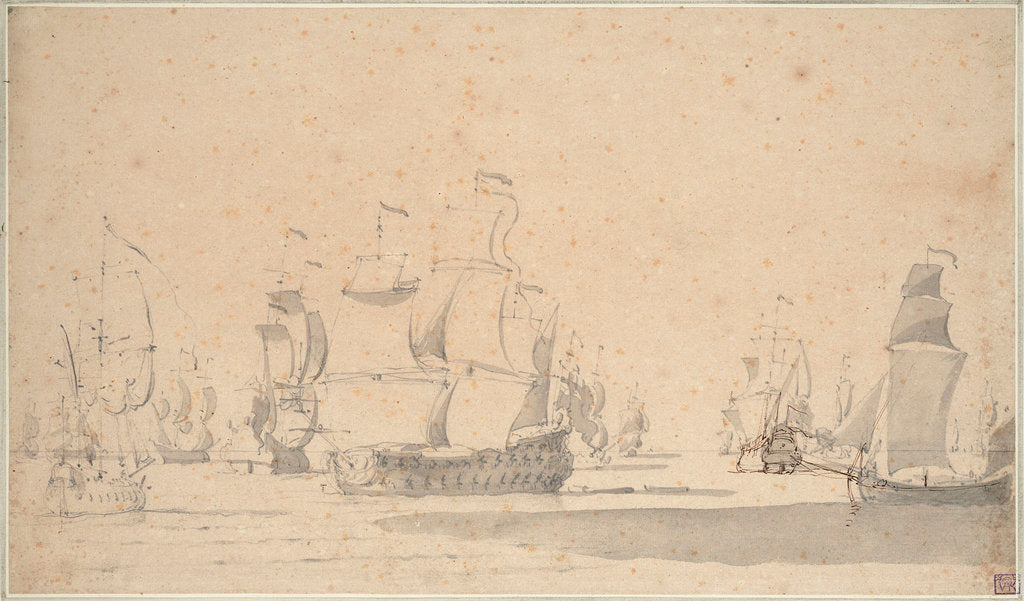 Detail of English ships, a ketch and a galliot in a light breeze, June 1673? by Willem van de Velde the Elder