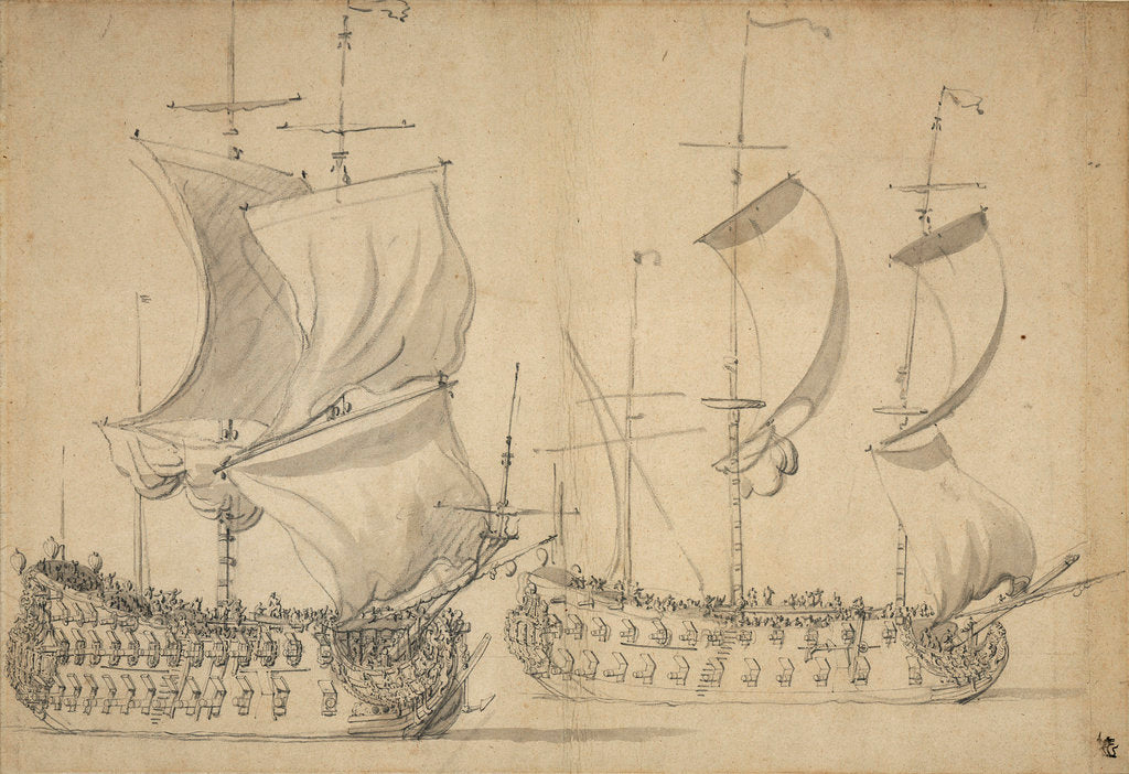 Detail of An English third-rate and fourth-rate under easy sail by Willem van de Velde the Elder