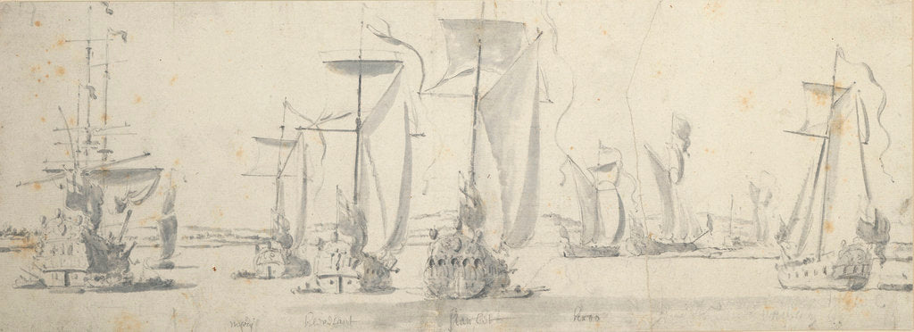 Detail of Visit of Charles II to the 'Tiger' at Woolwich: The yachts rounding a bend in the river by Willem van de Velde the Elder