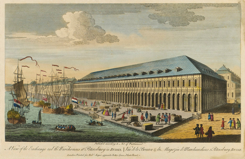Detail of A view of the exchange and the warehouses at Petersburg in Russia by Robert Sayer