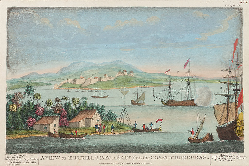 Detail of A view of Truxillo Bay and city on the coast of Honduras by T. Bowen