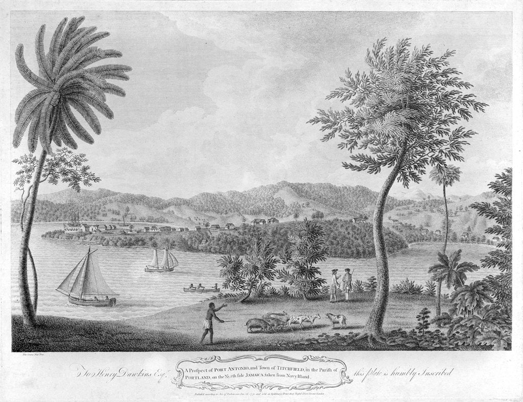 Detail of A prospect of Port Antonio, and town of Titchfield, in the Parish of Portland, on the North side Jamaica, taken from Navy Island by unknown
