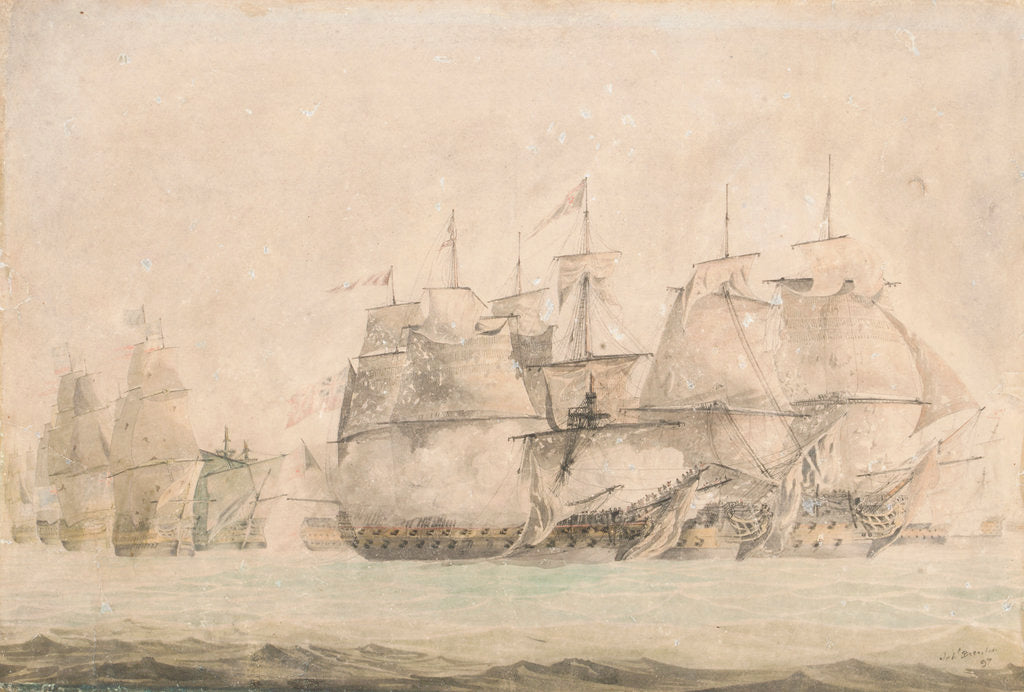 Detail of Battle of St. Vincent, Nelson in the 'Captain' boarding and capturing the two line of battle ships on the 14 February 1797 by Jahleel Brenton