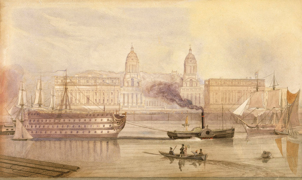 Detail of The Dreadnought being towed up the Thames at Greenwich by a paddle tug by A. Grieve