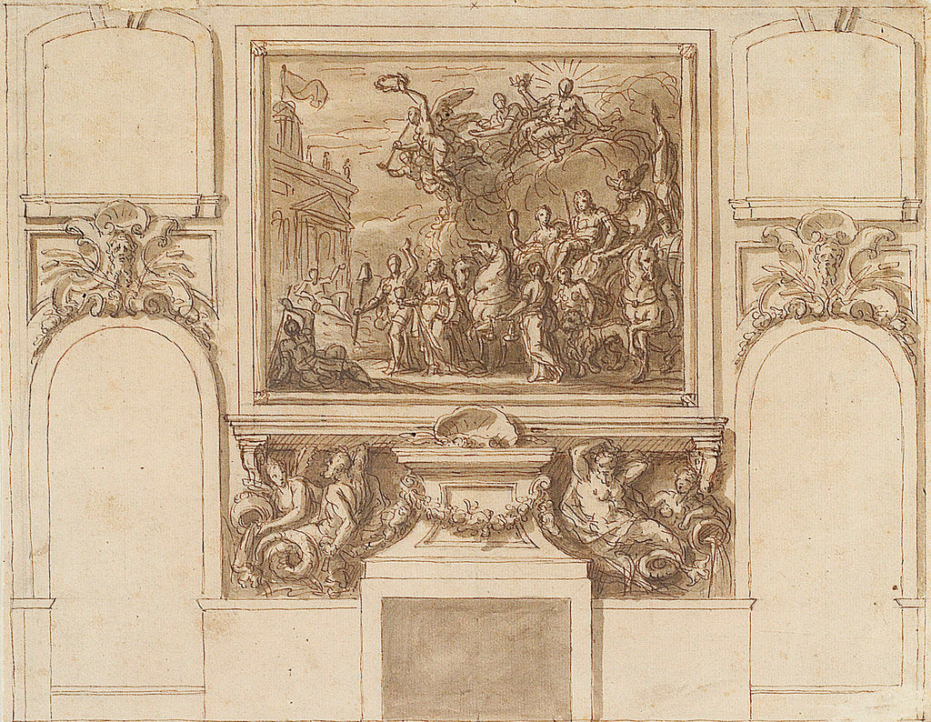 Detail of The Painted Hall, Greenwich Hospital: sketch for George I landing at Greenwich on the north wall, upper hall by James Thornhill
