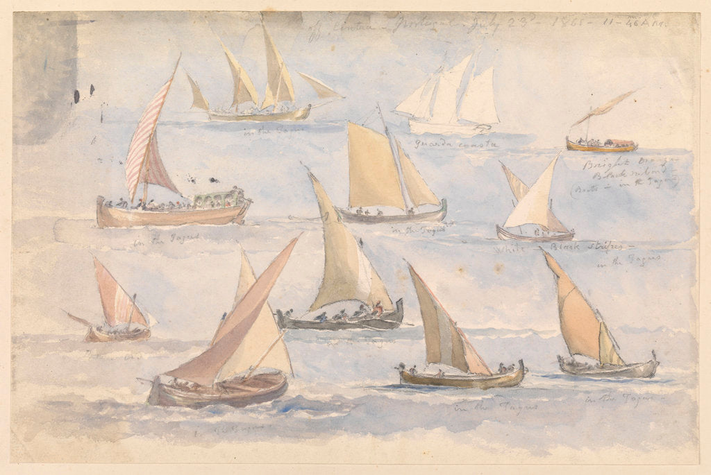 Detail of Page of sketches of craft in Tagus off Cintra, Portugal 23 July 1865 11.46 a.m. by John Christian Schetky