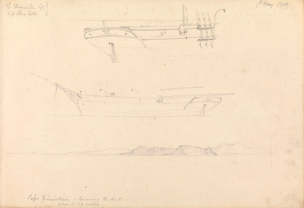 Detail of Sketches of profile and stern of a brigantine? and topographical sketch of Cape Finisterre...1843 by W. Maule