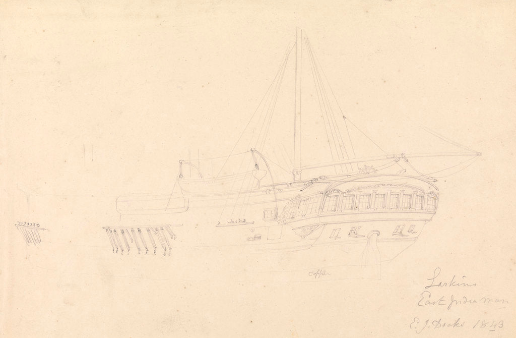 Detail of Drawing of the hull and stern of the 'Larkins', East Indiaman, 1843 by John Christian Schetky