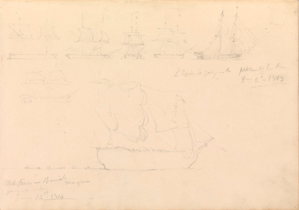 Detail of Page of slight sketches of fighting vessels, including 'L'Espoir' and 'Al-de-Fonso', 1813 and 1814 by John Christian Schetky