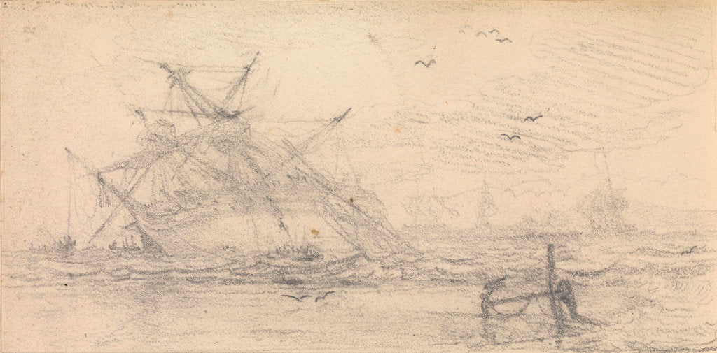 Detail of A two deck ship wrecked on a beach by John Christian Schetky