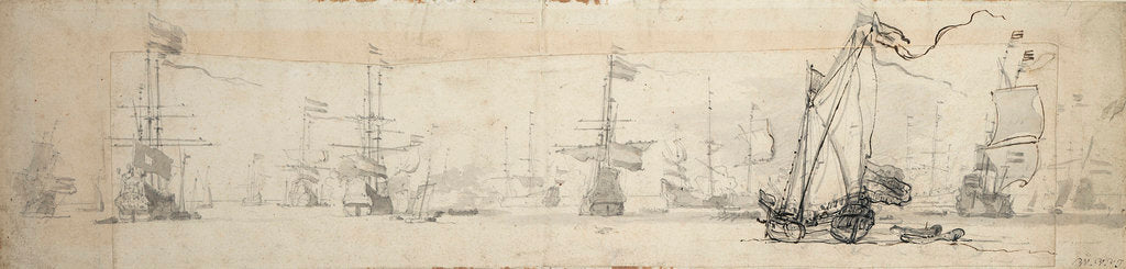 Detail of A states yacht under sail and ships at anchor by Willem Van de Velde the Younger