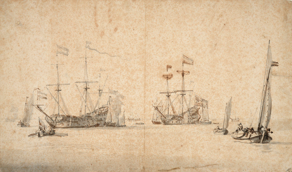 Detail of A kaag running free and two Dutch flagships at anchor by Willem Van de Velde the Younger