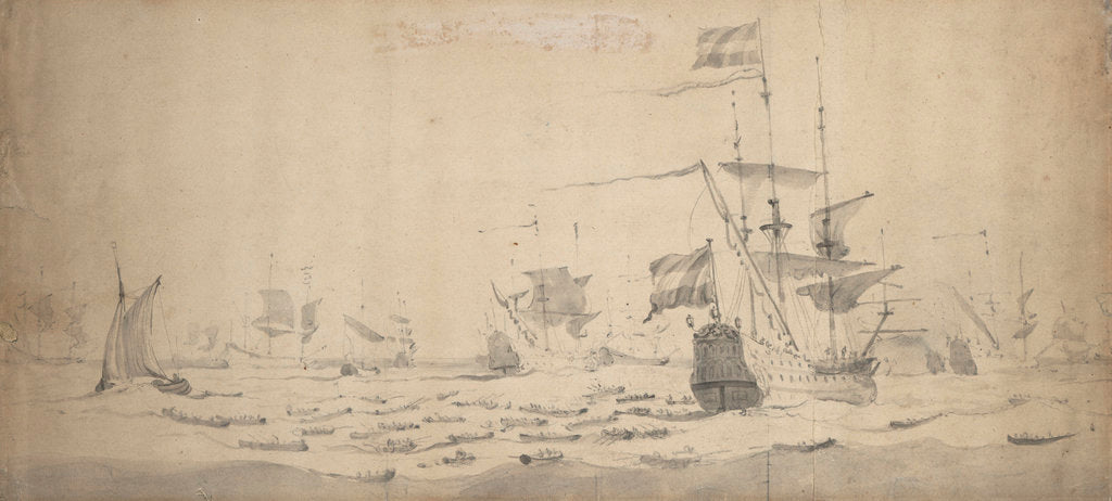 Detail of A Dutch Fleet lying-to in a breeze: a council-of-war by Willem van de Velde the Elder