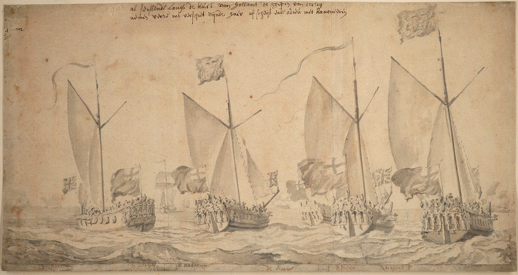 Detail of The marriage journey of William of Orange and Princess Mary to Holland, 1677. The yachts reaching the coast of Holland, 29 November - 9 December 1677. by Willem van de Velde the Elder