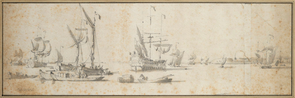 Detail of Two doggers and a ship at anchor in a harbor by Willem van de Velde the Elder