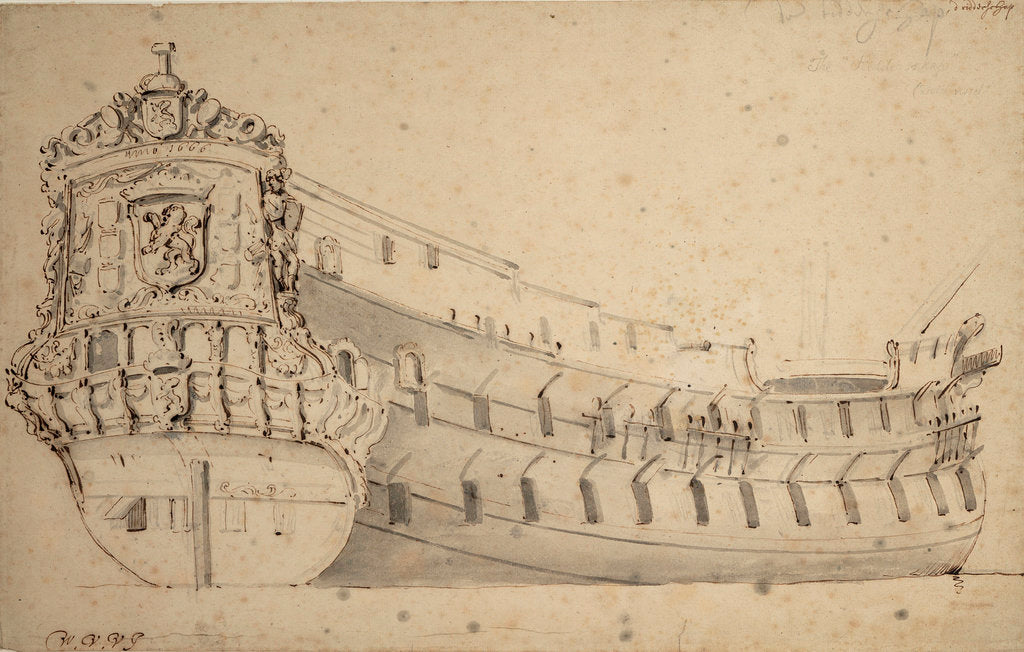 Detail of Portrait of the 'Ridderschap', 66 guns, of the Admiralty of the Maas, built in 1666 and lost at sea in 1690 by Willem Van de Velde the Younger