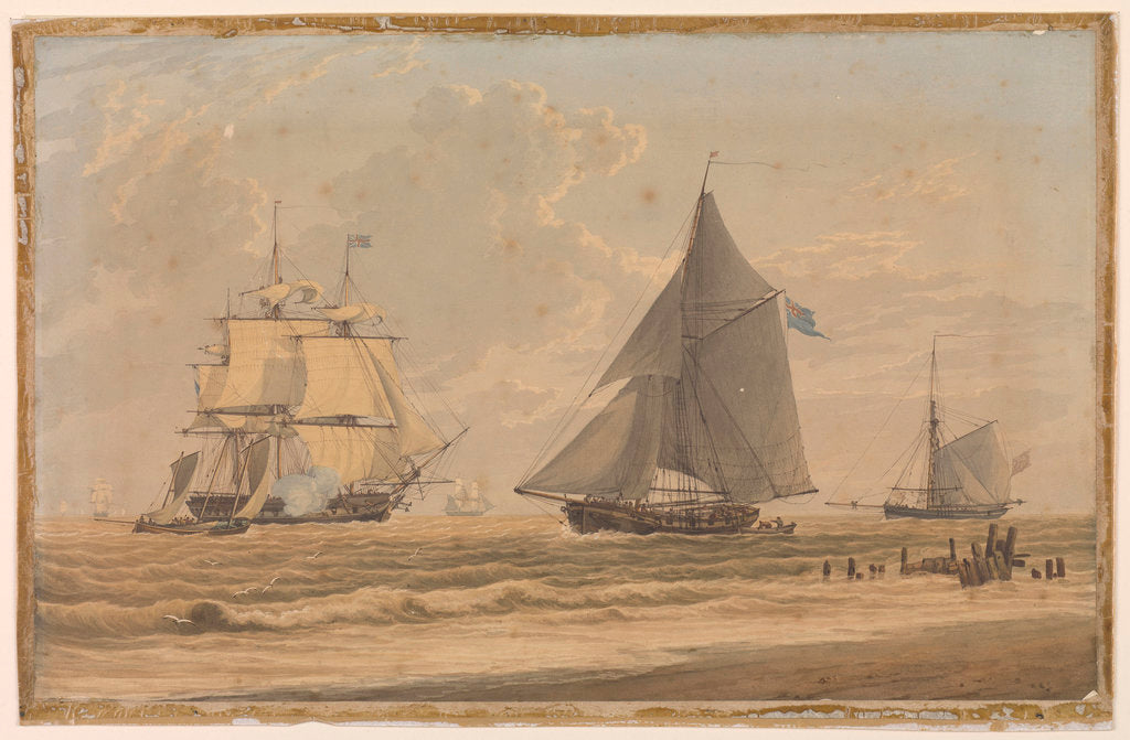 Detail of Royal Navy sailing vessel by the shore by unknown