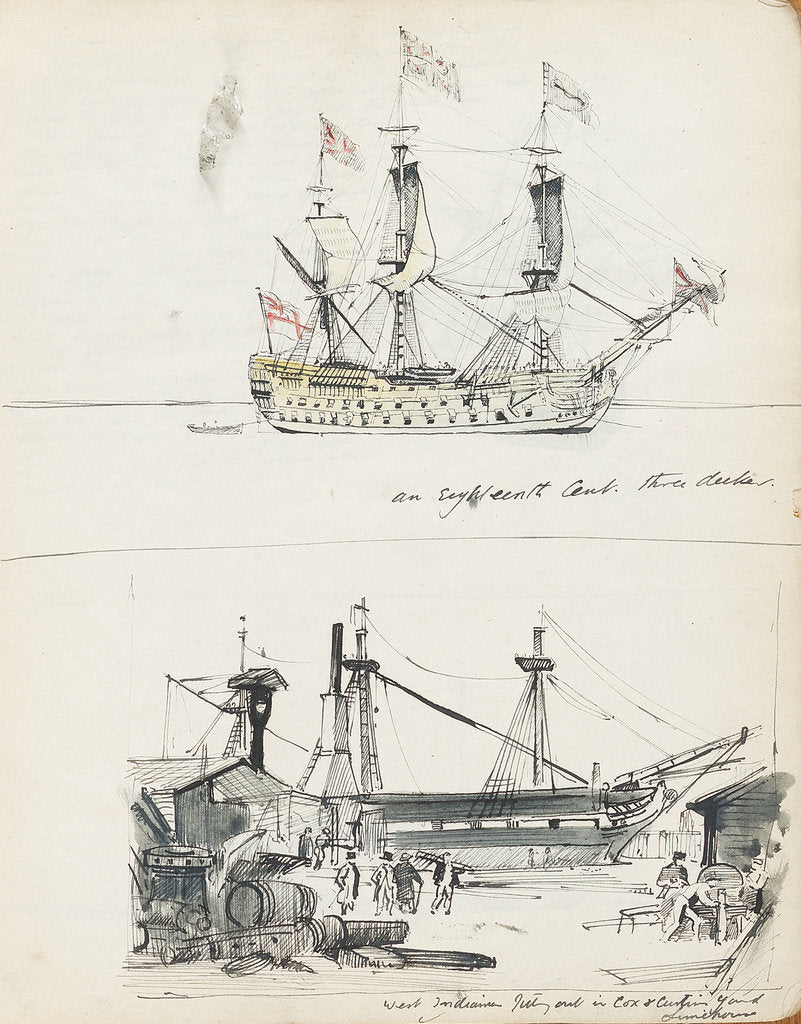 Detail of Sketch of an 18th century three-decker and view of a West Indiaman fitting out in Cox & Curtin Yard, Limehouse by John Everett