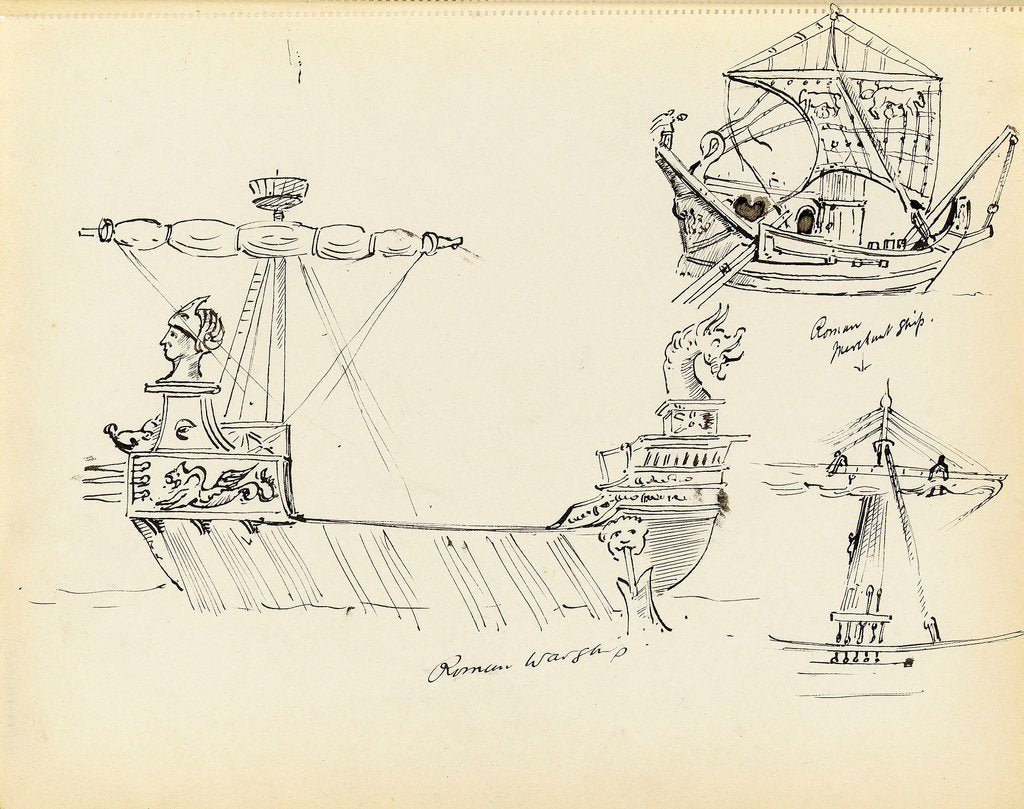 Detail of Sketch of a Roman warship, part of a Roman merchant ship and a vessel with sail set by John Everett
