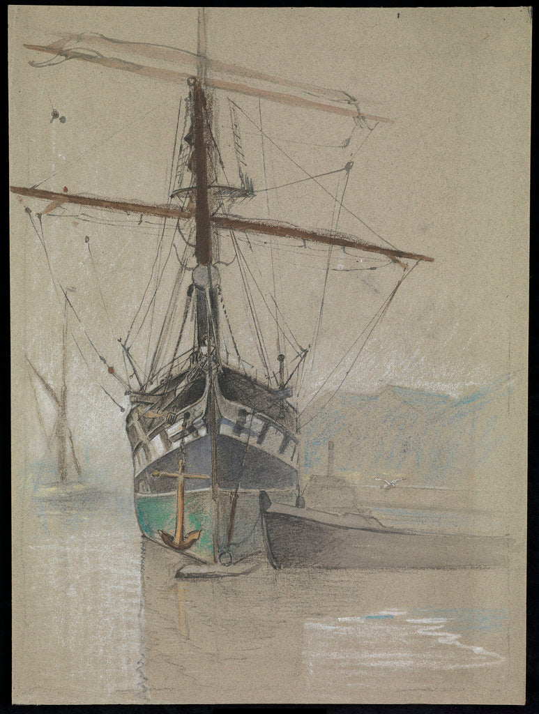Detail of Bow view of 'Cutty Sark' (1869) as she appeared on her arrival in the Surrey Commercial Dock in 1921, with painted ports by John Everett