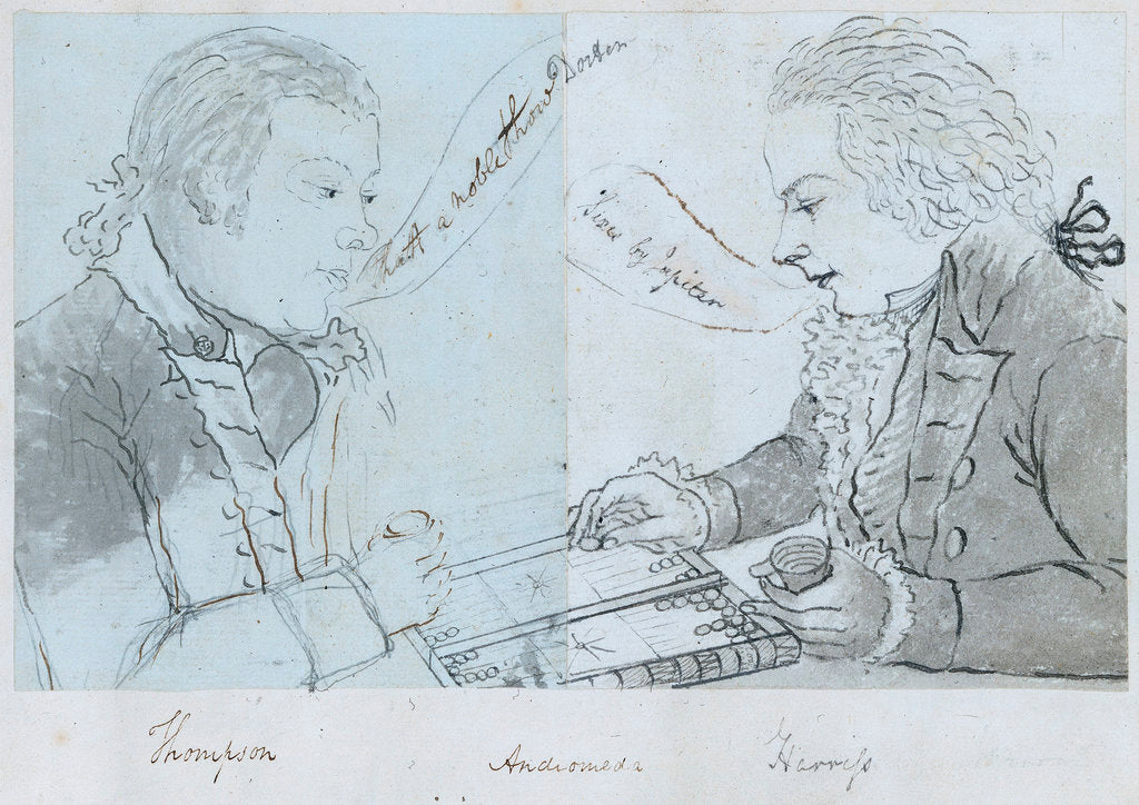 Detail of Sketch of Thompson and Harris playing backgammon on board 'Andromeda' by unknown
